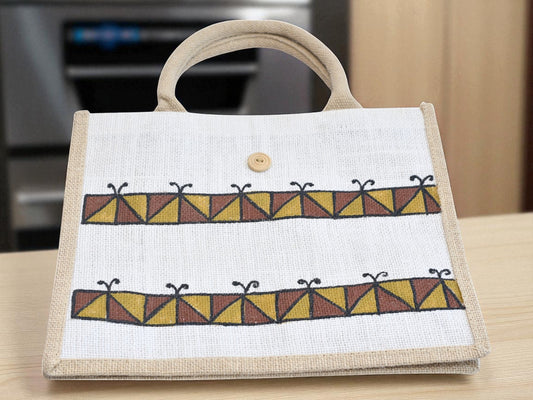 Birsa Craft Green Big Jute Bag with Sohrai painting on  Executive Shopping Bag