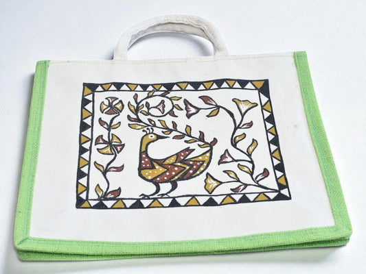 Birsa Craft Green Big Jute Bag with Sohrai painting on  Shopping Bag