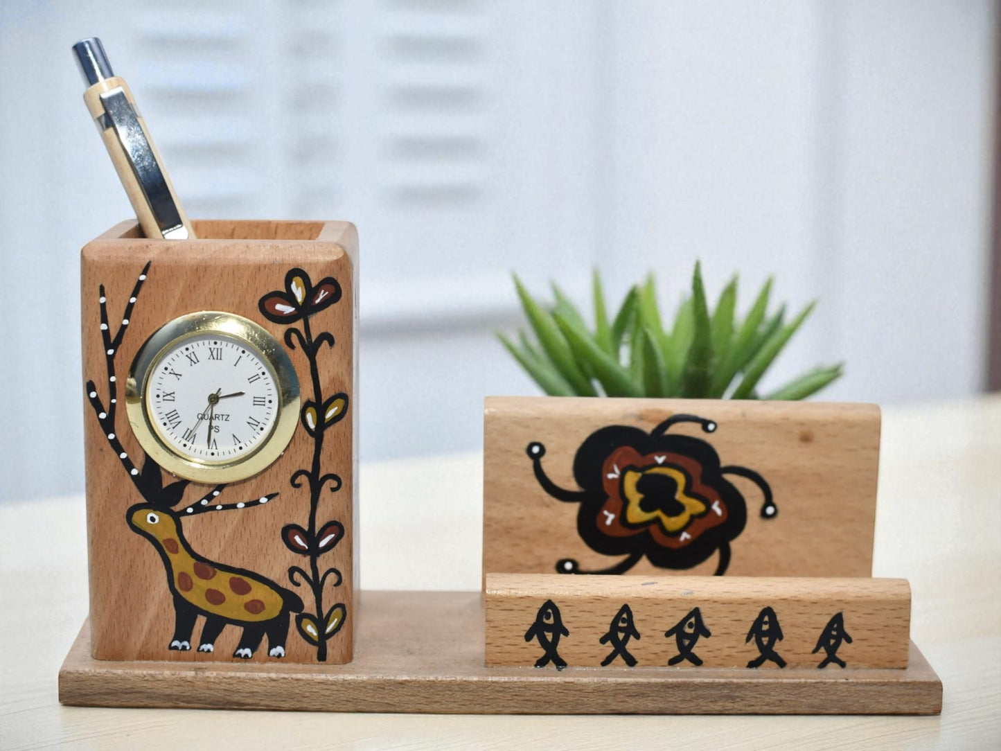 Birsa Craft Pen Stand For Office Table, Desk Organizer With Wooden Calendar, Pen Stand, Clock For Home And Office - Customized, Personalized Gift for Teachers,  Doctors.