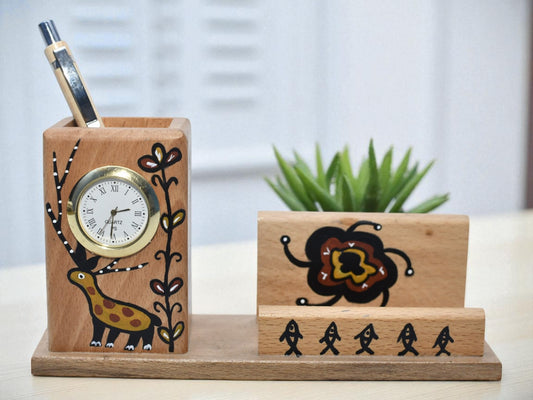 Birsa Craft Pen Stand For Office Table, Desk Organizer With Wooden Calendar, Pen Stand, Clock For Home And Office - Customized, Personalized Gift for Teachers,  Doctors.