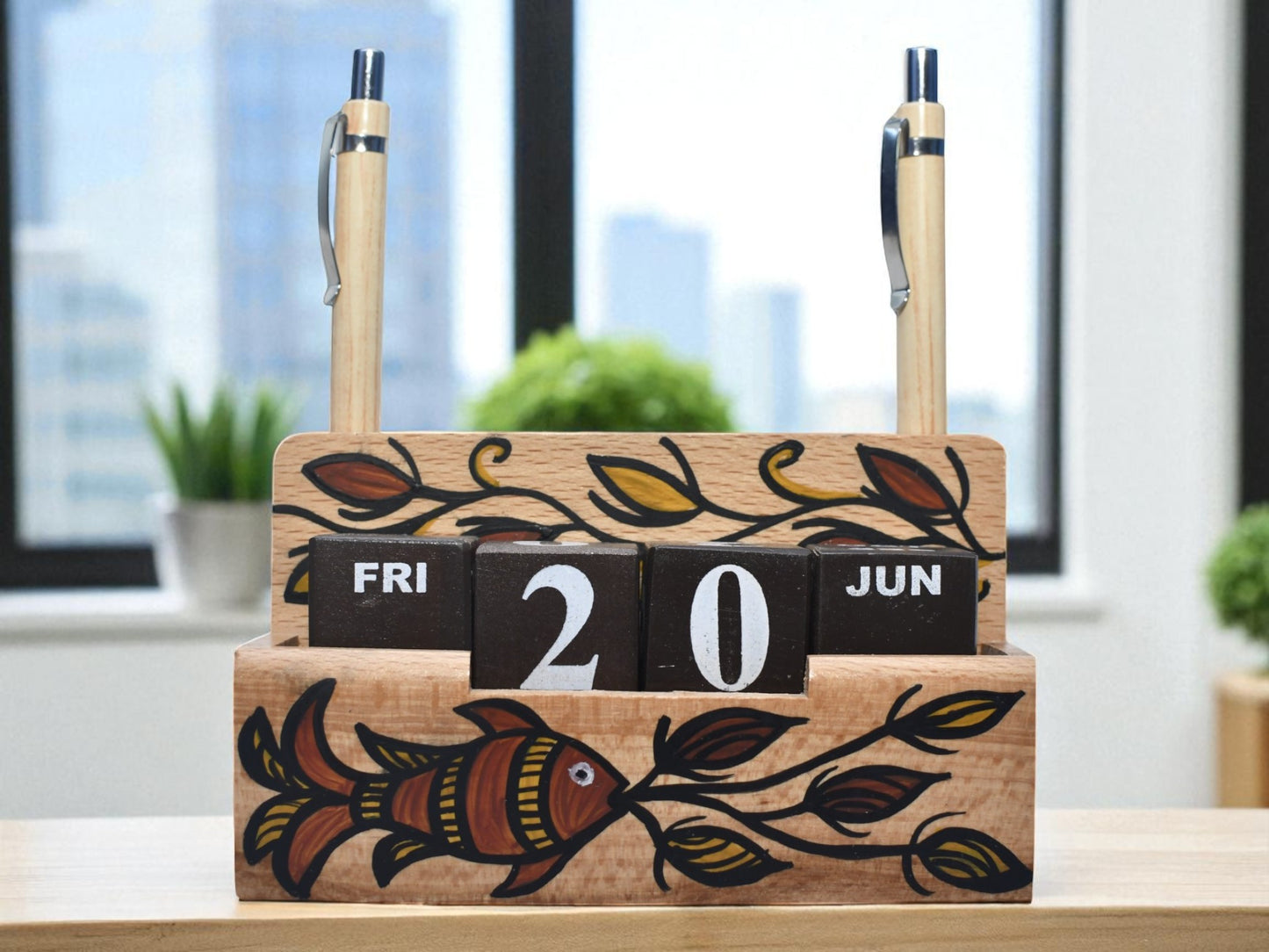 Birsa craft Pen Stand For Office Table, Desk Organizer With Wooden Calendar, Pen Stand, For Home And Office -  Personalized Gift for Teachers, Doctors, Employee.