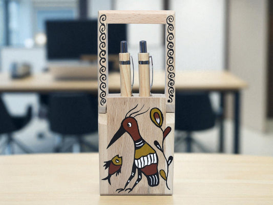 Wodden crafted Double Pen stand with Sohrai Painting for Gifting