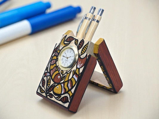 Wodden crafted Double Pen stand with Sohrai Painting for your personalise Desk