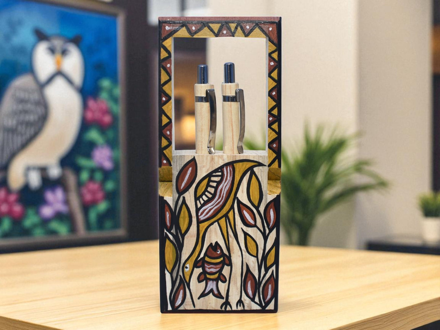 Wodden crafted Double Pen stand with Sohrai Painting for your personalise Desk