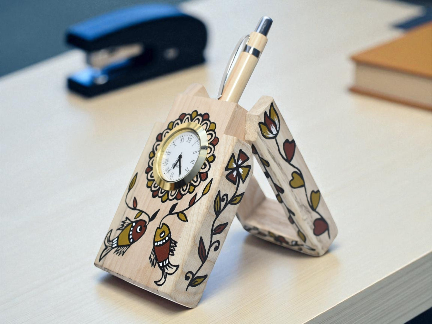 Wodden crafted Double Pen stand with Sohrai Painting for your tabel