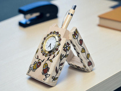 Wodden crafted Double Pen stand with Sohrai Painting for your tabel