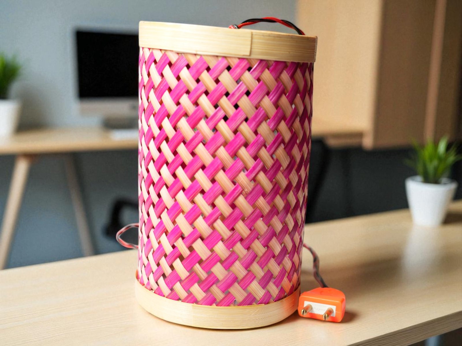 Handwoven Bamboo Lamp Shade – Pink & Natural Cylindrical Light Cover - Image 2
