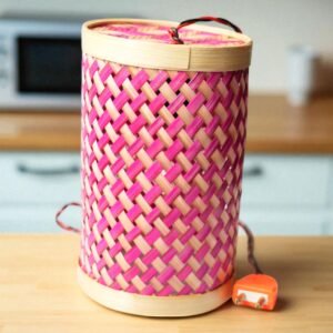 Handwoven Bamboo Lamp Shade – Pink & Natural Cylindrical Light Cover