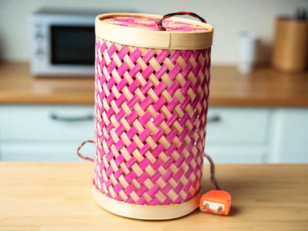 Handwoven Bamboo Lamp Shade – Pink & Natural Cylindrical Light Cover
