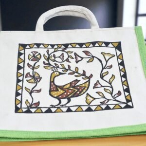 Eco-Friendly Jute/Cotton Handbag with Traditional Peacock Print