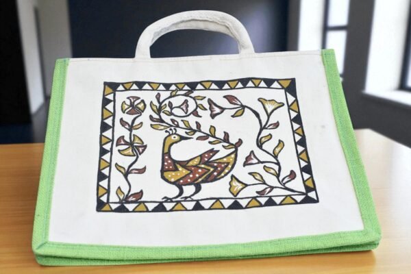 Eco-Friendly Jute/Cotton Handbag with Traditional Peacock Print