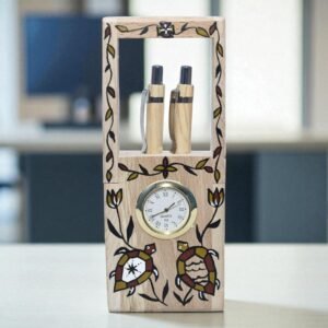 Sohrai Art Wooden Desk Clock & Double Pen Stand (Vertical)