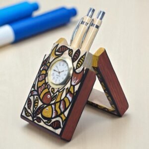 Sohrai Art Wooden Desk Clock & Pen Stand