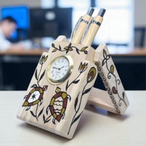 Sohrai Art Hand-Painted Wooden Desk Clock & Pen Stand