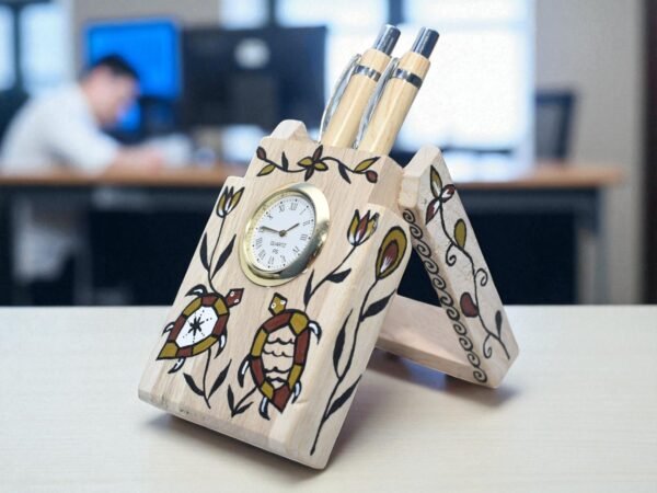Sohrai Art Hand-Painted Wooden Desk Clock & Pen Stand
